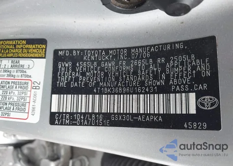 2006 Toyota Avalon Limited z USA, uszkodzony, nr VIN 4T1BK36B96U162431